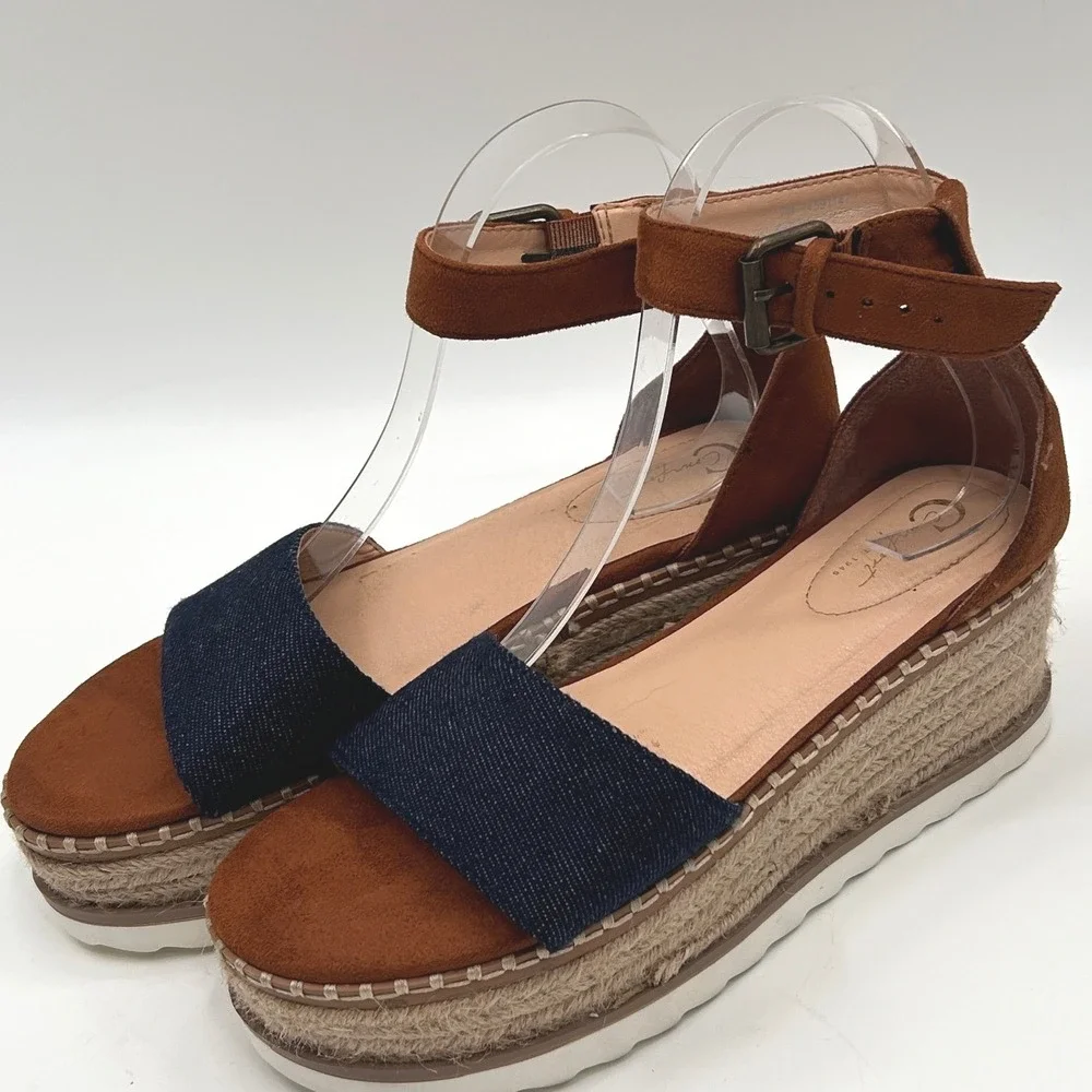 Comfort Denim Platform Espadrille Platform Sandals Size 7 Ankle Strap Coastal